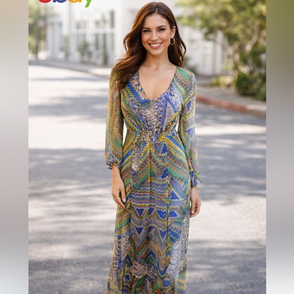 Lucky Brand Rayon Challis Boho Maxi Dress Sz S V Neck Long Sleeve Raw Hem SAH01